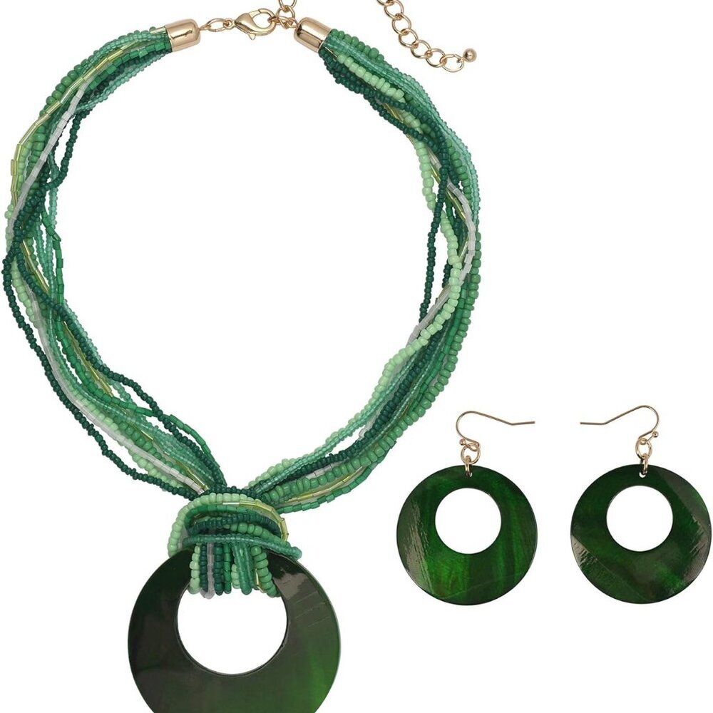 Multi Strand Statement Colorful Beaded Necklace with Big Circle Shell Pendant fo
